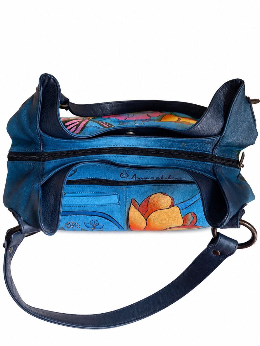 Anuschka Artsy Hand Painted Leather Hobo Floral Butterfly Blue Purse + Pouch - Picture 6 of 10
